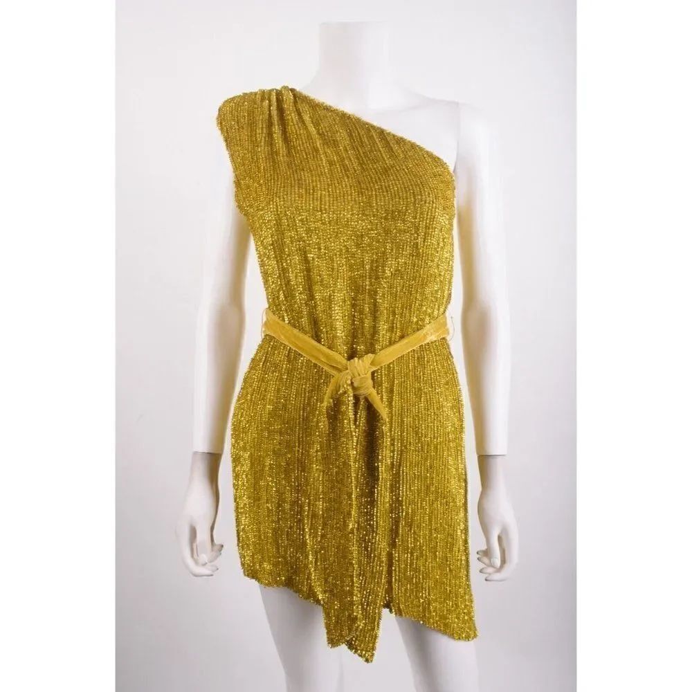 Retrofete Revolve Womens One-Shoulder Mini Sequin Dress Ella XS Gold Yellow NWT